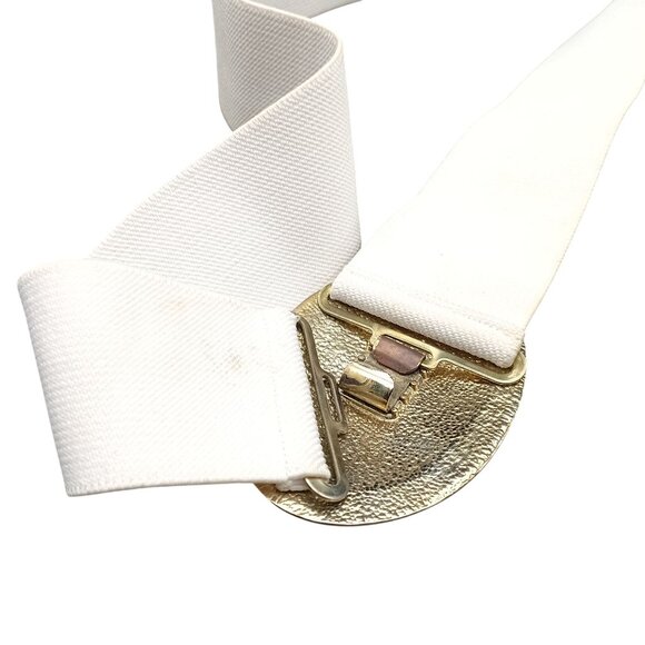 White Elastic Belt With Gold & Cream Enamel Swirl Buckle Womens Adjustable Waist - Picture 3 of 3